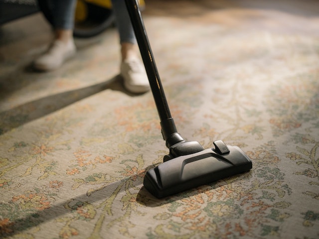 a person vacuuming a carpet